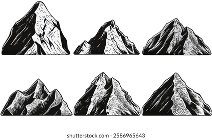 Set of monochrome mountain illustrations, featuring different mountain peaks and ridges.
