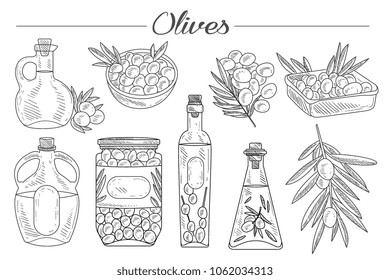 Set of monochrome olives, branches, various oil bottles and bowls. Natural product. Sketch style icons. Hand drawn vector elements for decoration