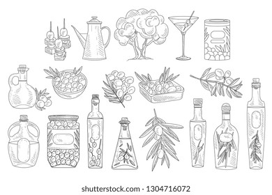 Set of monochrome olives, branches, various oil bottles and bowls. Natural product. Sketch style icons. Hand drawn vector elements for decoration