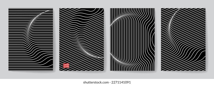 Set of Monochrome Optical Art Design Covers for Printing. Vector Abstract 3d Geometric Illustration. CMYK.