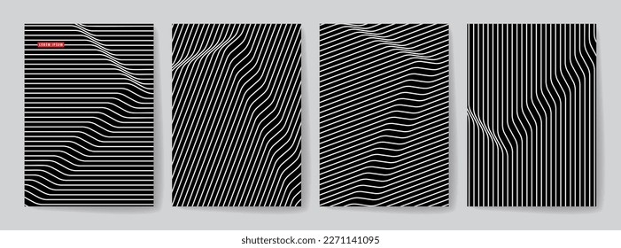 Set of Monochrome Optical Art Design Covers for Printing. Vector Abstract 3d Geometric Illustration. CMYK.