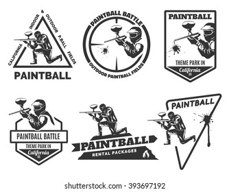 Set of monochrome paintball logos, emblems and icons. Indoor and outdoor paintball club elements. Shooting man with gun and musk with rental equipment.