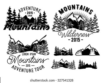 Set of monochrome patterns landscape with mountains and fir forest