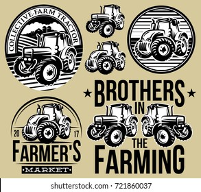 Set of monochrome patterns on agriculture with two types of tractors.