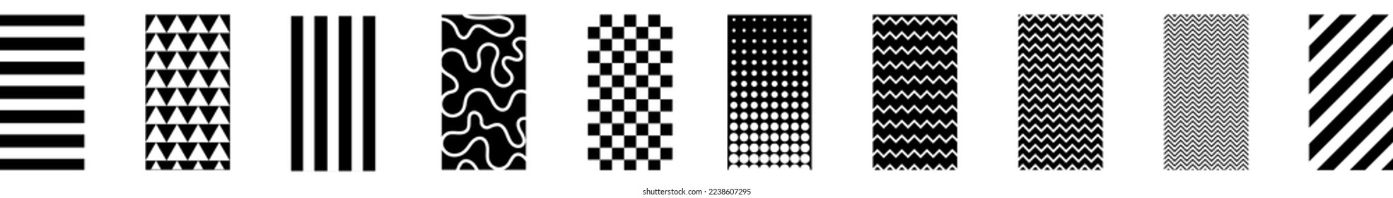 set of monochrome patterns. Simple geometric drawings of stripes, squares, lines and rectangles.