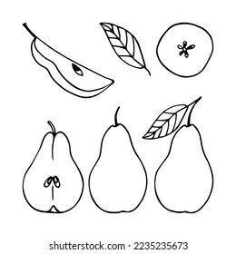 Conjunto de peras monocromáticas en estilo doodle. Elementos aislados lineales vectoriales en un fondo blanco.