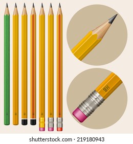 Set of monochrome pencils with erasers, vector
