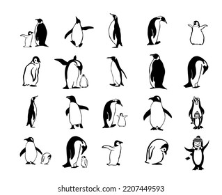 Set of monochrome penguins. Vector illustration