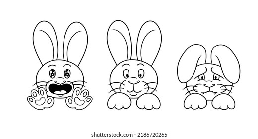 Set of Monochrome picture, cute little bunnies in cartoon style, offended rabbit, fluffy cute bunnies. Vector illustration