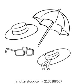 Set of monochrome pictures, accessories from the sun, beach umbrella, hats and sunglasses, vector illustration in cartoon style on a white background