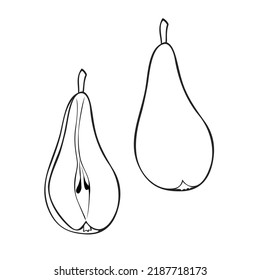 A set of monochrome pictures, a delicious ripe pear, half a pear. Vector illustration on a white background