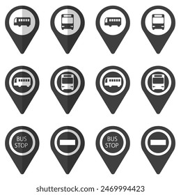 Set of monochrome pin icons of bus stops. Set of illustrations for infographics and websites.