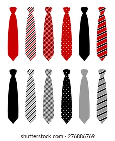 Set Of Monochrome, Plaid, Checkered, Diagonal Lined And Polka Dot Silk Neck Ties Pattern Template. Red, Black And Gray Color Tie Design. Vector Art Image Illustration, Isolated On White Background