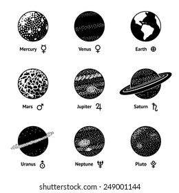 Set of monochrome planet icons with names and astronomical symbols - mercury, venus, earth, mars, jupiter, saturn, uranus, neptune, pluto. Vector