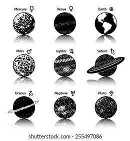 Set of monochrome planet icons with reflections, names and astronomical symbols - mercury, venus, earth, mars, jupiter, saturn, uranus, neptune, pluto. Vector