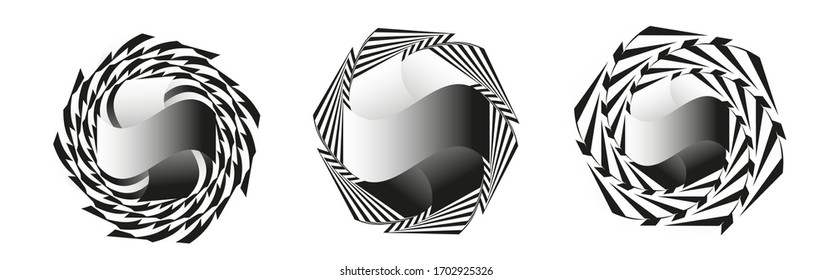 Set monochrome polygons in the vector. Abstract background, spiral shape for printing in vector. Abstract wavy round, spiral undulating, curly shape. 
