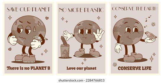 Coloca carteles o tarjetas monocromas para el Día de la Tierra. Personajes de Groovy planet en un estilo de dibujos retro de los años 70 de los 60. Concepto salvar el planeta. No más plástico. Ningún planeta B. Conservar la vida.Ilustración vectorial plana.