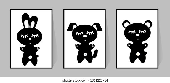 Set of monochrome posters. Vector for children room decor. Black and white animals. Rabbit, Bear, dog. Illustration isolated on white background bunny, little bear and puppy with closed eyes.