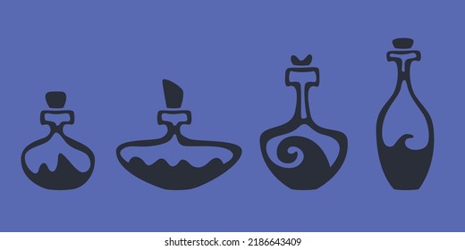 Set of monochrome potion flasks. Halloween attributes in flat style.