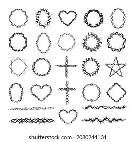 Set of monochrome prickly frames and symbols isolated on white background.