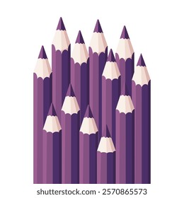 Set of monochrome purple pencils in different order on white background Vector illustration for background, drawing, card, notebook, packaging, study