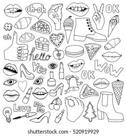 A set of Monochrome quirky cartoon patch badges or fashion pin badges