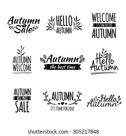 Set of monochrome retro vintage logos, icons, stickers with the text of the autumn and floral elements. Vector.