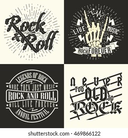 Set of  Monochrome Rock and Roll music prints, hipster vintage labels, t-shirt graphic design, lettering artwork, vector