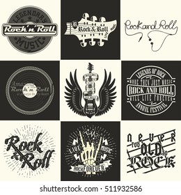 Set of  Monochrome Rock and Roll music prints, hipster vintage labels, t-shirt graphic design, lettering artwork, vector