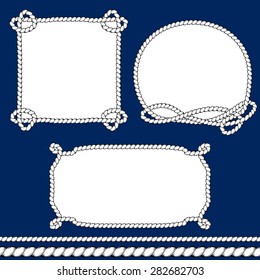 Set of Monochrome Rope Frames in Unique Styles on Dark Blue Background. Vector Illustration.