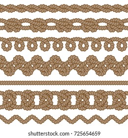 Set of monochrome rope vector seamless borders with knots and loops