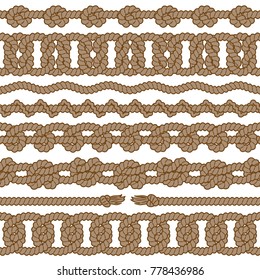 Set of monochrome rope vector seamless borders with knots, loops and tassels