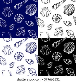 Set of monochrome sea shells vector seamless patterns