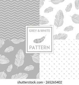 Set of monochrome seamless backgrounds: feather, chevron, triangle