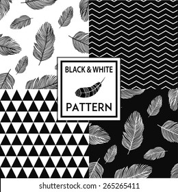 Set of monochrome seamless backgrounds: feather, chevron, triangle