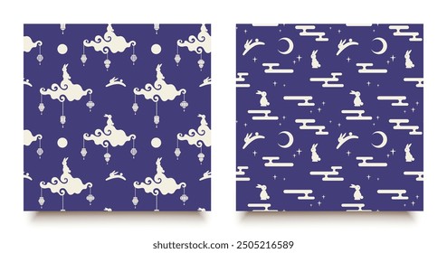 Set of Monochrome seamless pattern with clouds and rabbits in traditional chinese style. Mid Autumn Festival background, banner, moon, Mooncake fest
