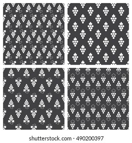 Set of monochrome seamless pattern of grapes on black background. Design for background, textile, paper packaging, wrapping paper, fabric, banner, invitation, certificate, menu. Vector illustration.