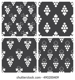 Set of monochrome seamless pattern of grapes on black background. Design for background, textile, paper packaging, wrapping paper, fabric, banner, invitation, certificate, menu. Vector illustration.