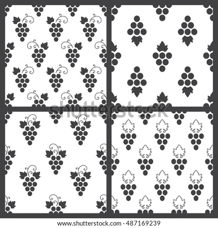 Set of monochrome seamless pattern of grapes on white background. Design for background, textile, paper packaging, wrapping paper, fabric, banner, invitation, certificate, menu. Vector illustration.