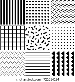 Set of monochrome seamless pattern in memphis style. Black geometric shapes on white background. Vector seamless pattern