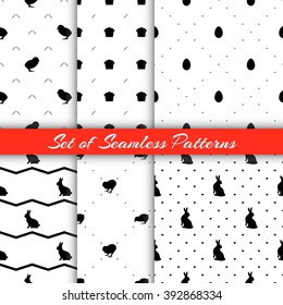 Set of monochrome seamless patterns. Backgrounds for Easter greeting card or holiday decor, textile, wrapping, web design.