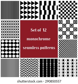 Set of monochrome seamless patterns. Collection of black and white backgrounds for textile, print or wrapping paper.