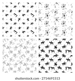 A set of monochrome seamless patterns with a game of horse polo