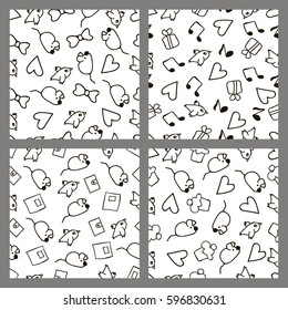 Set of monochrome seamless patterns in style hand drawing on white background. Animals, accessories and music, vector illustration. Design concept for fabric, textile printing, wrapping paper or web