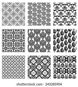 Set of monochrome seamless patterns. Vector illustration of 9  patterns collection for seamless background