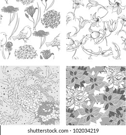 Set of monochrome Seamless wallpaper with flowers