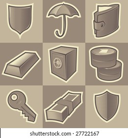 Set of monochrome security retro icons. Hatched in style of engraving. Vector illustration.