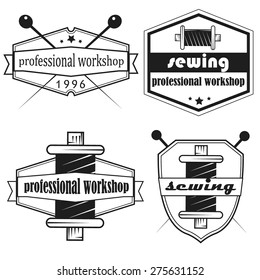 Set of monochrome sewing shop emblems, labels, badges, logos and designed elements