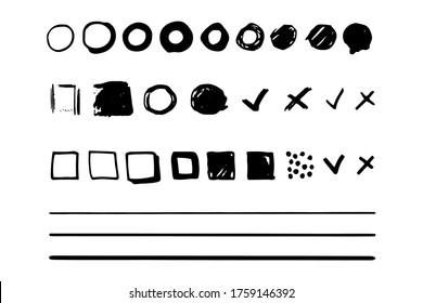 Set Of Monochrome Shapes For Diary, Bullet Journal, Notebook, Questionnaire . Black Design Elements - Lines, Check Marks, Squares, Circles On White Isolated Background. Pencil Drawing Effect.