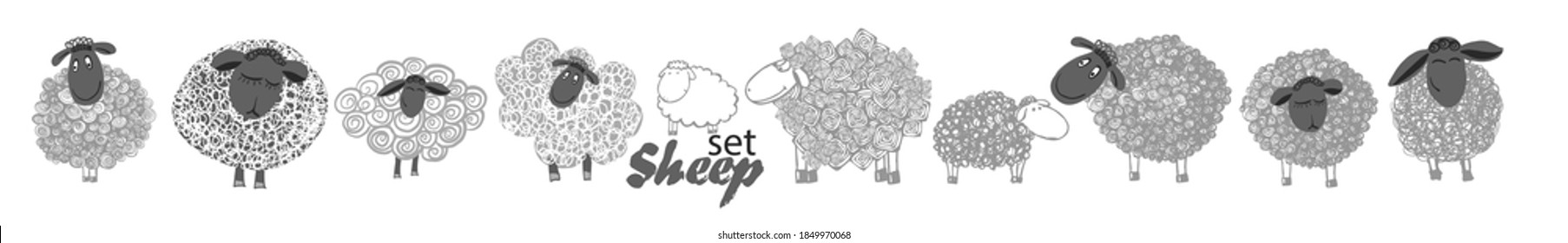 Set of monochrome sheep. T-shirt print. Vector illustration